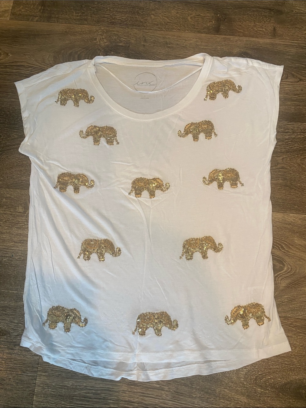 INC International Concepts White Tee with Gold Sequin Elephants